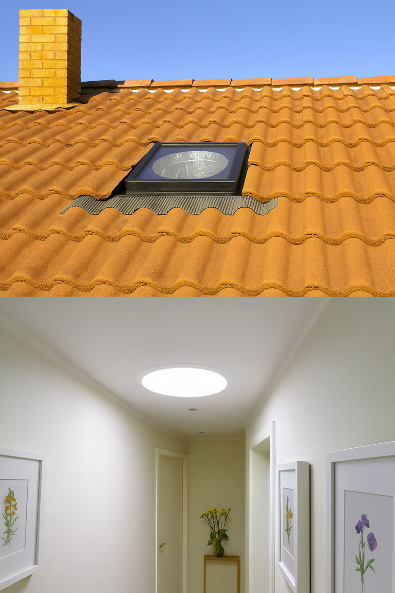 sun tunnel showing roof window and light dispenser in room below