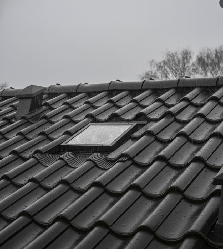 velux sun tunnel on pitched tile roof in rain